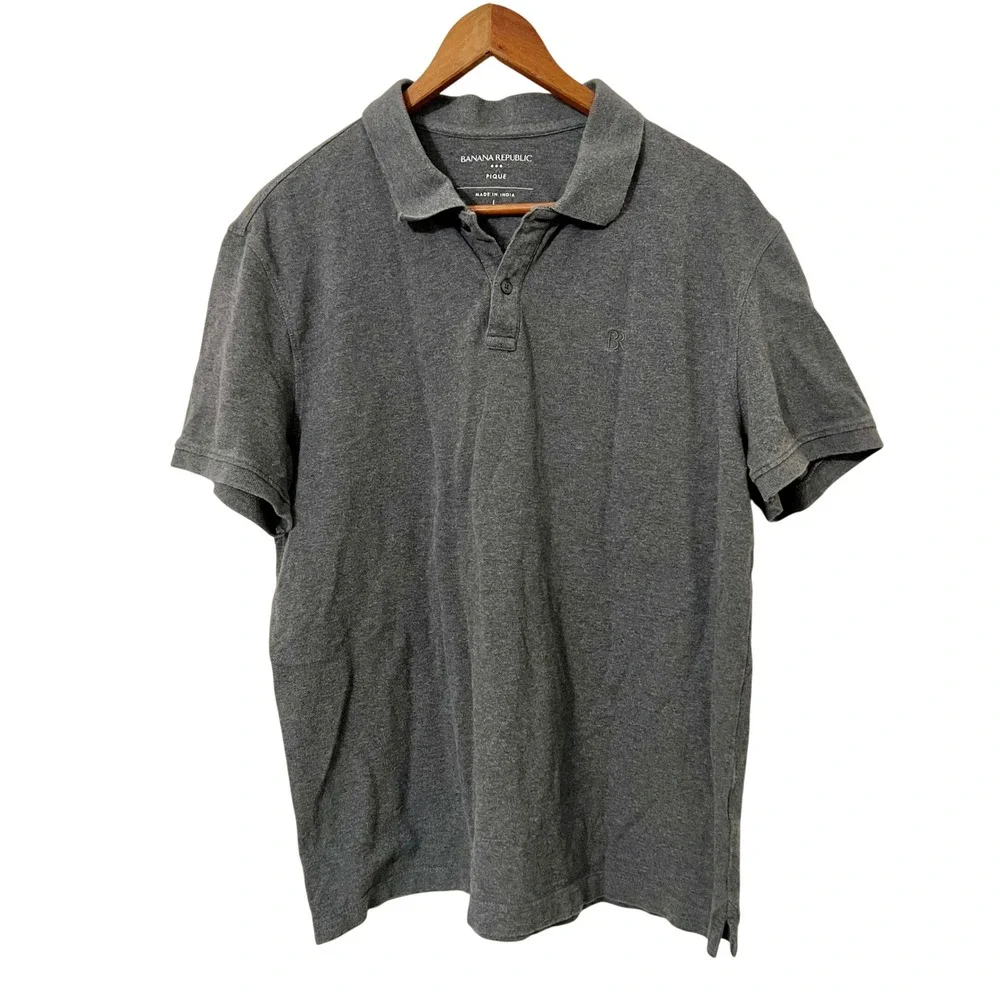 Banana Republic Mens Grey Pique Polo‎ Shirt Embroidered Logo Size Large Preppy